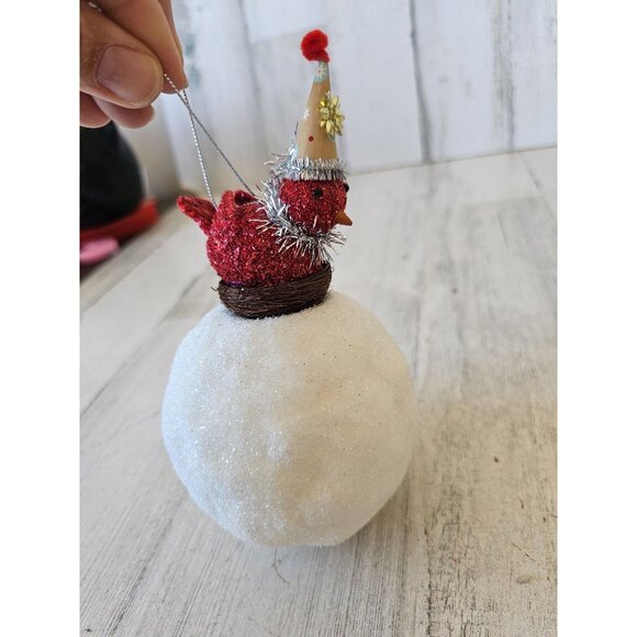 shabby chic Cardinal snowball ornament bird nest Xmas decor - Picture 2 of 10